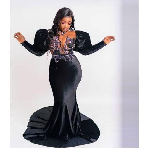 Aso Ebi Velet Mermaid Evening Dresses Sheer Neck Long Sleeves Plus Size Prom Dress Applqies Beads African Party Gowns Long