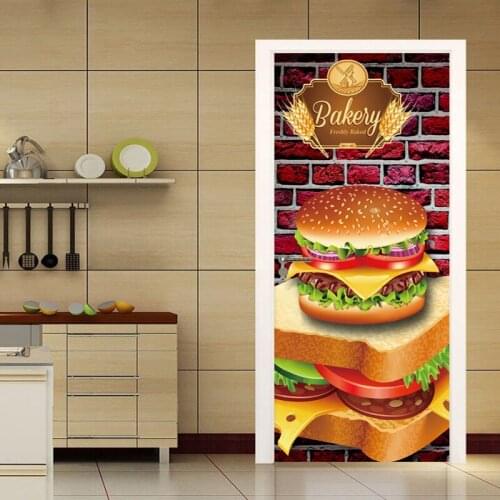PVC Self-Adhesive Waterproof Door Sticker 3D Brick Wall Bread Hamburger Restaurant Door Poster Creative Decor Wall Sticker Decal