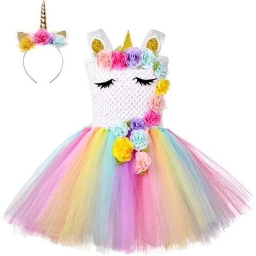 Rainbow Unicorn Costume Girls Princess Dress Up Clothes Summer Tutu Dresses with Flowers Kids Girl Unicorn Birthday Party Gifts