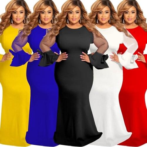 Sexy Plus Size Bodycon Maxi Dress with Mesh Flare Long Sleeve L-5XL Woman O Neck Elegant Dress Spring Gothic Oversized Clothing