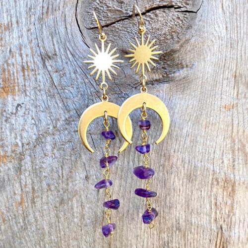 Natural Purple Quartz Earrings, Witch Earrings, Sun and Moon Earrings, Celestial Jewelry, Ladies' Charm Accessories