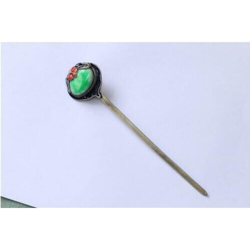 6.1" Exquisite Chinese antique copper inlay jade Handmade Cloisonne Hairpin