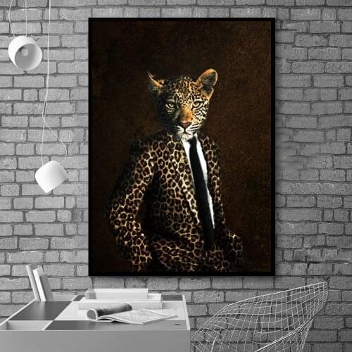 Vintage Leopard Head Animal Gentleman Canvas Painting Picture and Prints Canvas Posters for Living Room Wall Art Home Decoration