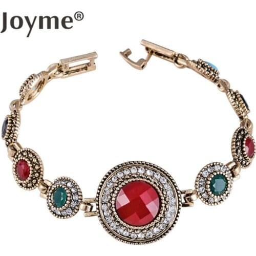 Joyme Brand Vintage Jewelry Rhinestone Mens Bracelets Round Tibet Silver Color Resin Bracelet & Bangle For Women