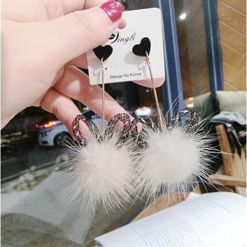 New Korean Beige White Pink Mink Fluffy Ball Cat Ear Long Drop Earrings For Women Fashion Heart Statement Dangle Earring Jewelry