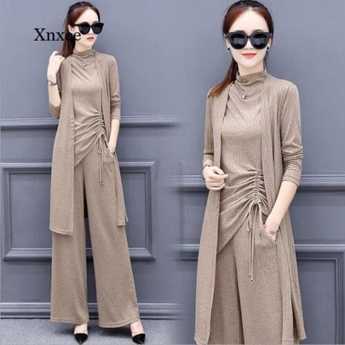 Long Sleeve Cardigan Knitted 3 Pieces Set Women Tracksuit Sleeveless Pullover Tops and Wide Leg Pants Suit Womens Sets Outfits