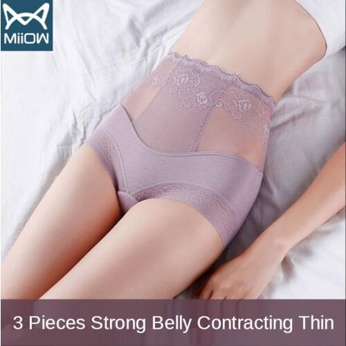 MiiOW Womens High-waist Underwear, Belly Lace, Sexy Cotton, Antibacterial Bottom Crotch, Large Size, Body-sculpting Buttocks