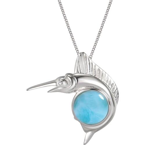 Hot Selling 925 Sterling Silver Sealife Animals Flowers swordfish Natural Larimar Pendant Necklace For Women Gift