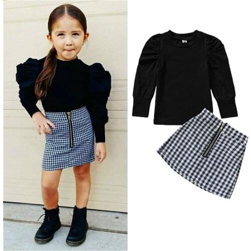 2021 Fashion Baby Girls Clothes Solid Color Long Puff Sleeve Knit Tops and Plaid A-line Skirts Autumn Kids Outfits