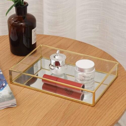 3 Szie Storage Tray Gold Square Glass Makeup Organizer Fruit Tray Dessert Plate Jewelry Display Holder Stand Home Kitchen Decor