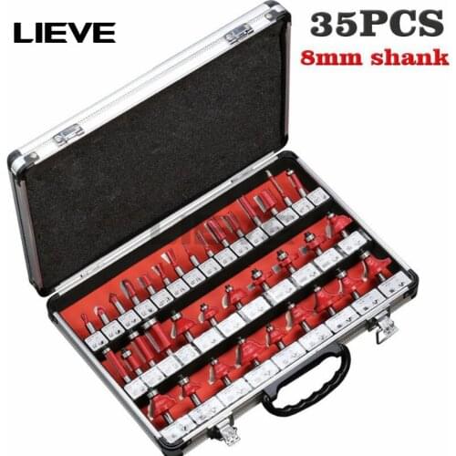 35PCS 8mm Shank Tungsten Carbide Router Bit Set Wood Woodworking Cutter Trimming Knife Forming Milling Carving Cutting Tools
