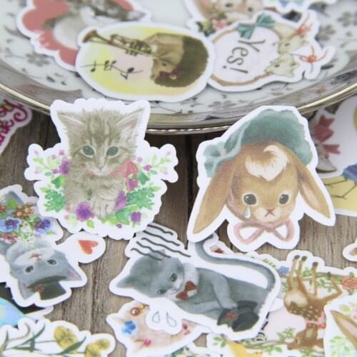 40pcs Cat Rabbit Animal Handmade Scrapbooking Sticker Pack Kitty Bunny Animals Decorative Sticker for Kids DIY Craft Diary Deco