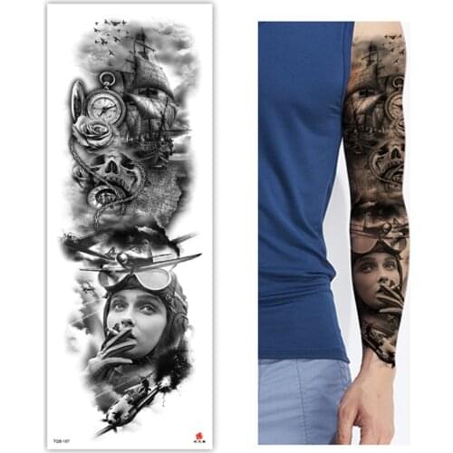 Large Arm Sleeve Tattoo Hero Warrior Clock Waterproof Temporary Tatoo Sticker Mars Lion Wolf Demon Men Full Skull Totem Tatto