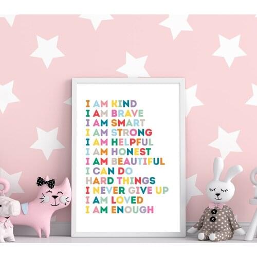 Kid Room Decor Wall Art Canvas Painting I Am Kind I Am Brave Self-Motivation Colorful Letter Poster Nursery Decor Pictures