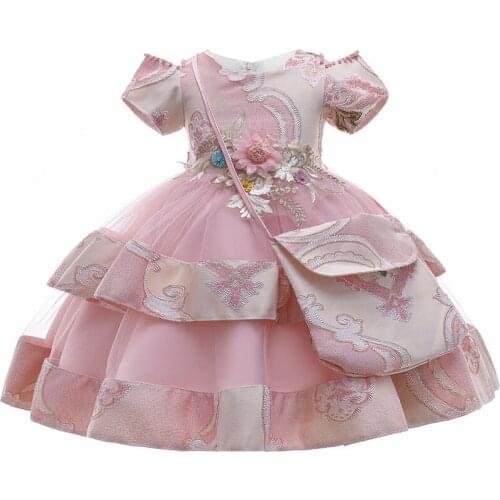 Girl dress new girl short sleeve applique embroidered princess dress with bag dress for girls girls evening dress summer dress