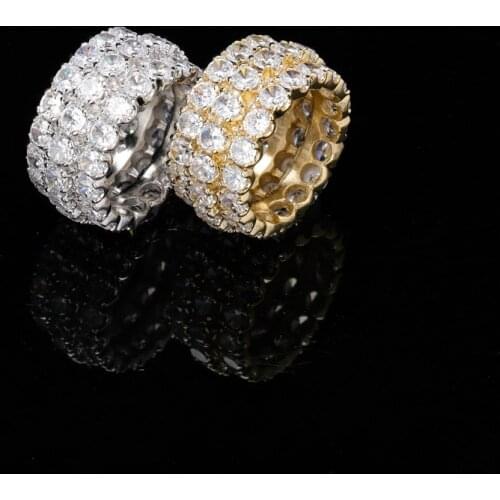 DNSCHIC Hip Hop Three Rows Zircon Ring Iced out Bling Full of Zircon Influx Gold Ring for Men Rapper Punk Hip Hop Jewelry