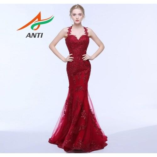 ANTI Elegant Budgundy Mermaid Evening Dress Sleeveless Appliques Sweetheart Vestido De Festa Long Prom Gowns Robe De Soiree