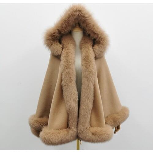 Janefur Hooded Fur Poncho Elegant Fox Fur Cape Women Winter Jacket Luxury Cashmere Wool Coat
