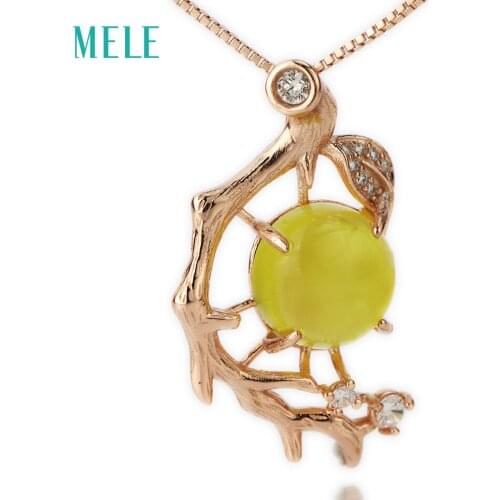 MELE Natural yellow prehnite silver 925 pendant for women,10mm*10mm round cut main stone, high quality and Vintage