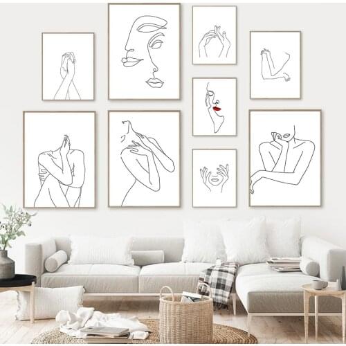 Minimalist Women Body Line Drawing Wall Art Poster Face Lip Art Print Hand In Hand Canvas Painting Abstract Living Room Decor