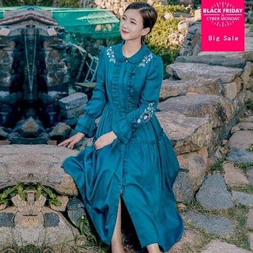 2020 fashion brand mori girl single breasted embroidery flower dress female was thin high waist seaside holiday dress wj2559