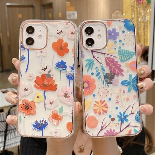 Fashion Flower Transparent Case For iPhone 12 11 Pro XR X XS Max SE 2020 7 8 Plus Soft TPU+PCSilicone Cover Capa