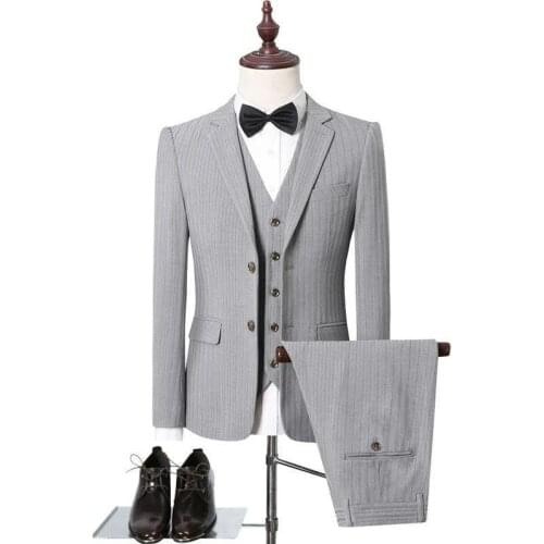 Mens Stripe Suits Fashion Business Formal Casual 3 Pieces Suit Gray Black Office Jacket Vest Pants Wedding Party Prom
