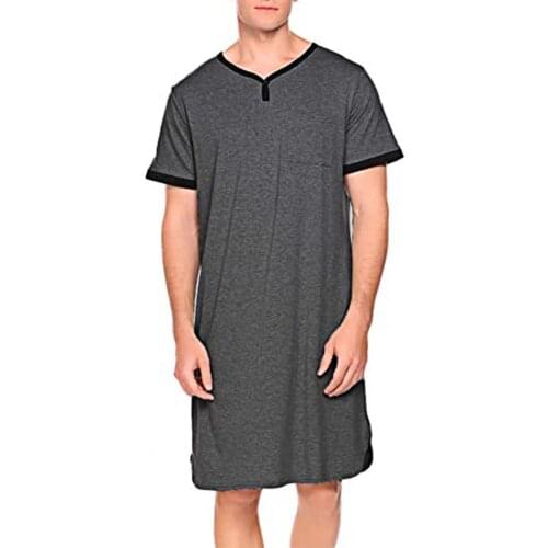Men Underwear Short Sleeve O Neck Pocket Nightdress Loose Nightdress Knee-length Nightgown Solid color Homewear Fashion Robes