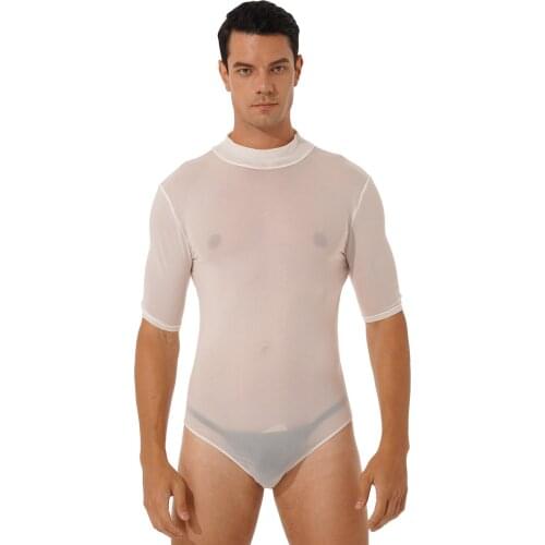Men See-Through Mesh Short Sleeve Swimming Beach Bodysuit Mock Neck Zipper Back Leotard Nightclub Stage Show Costume