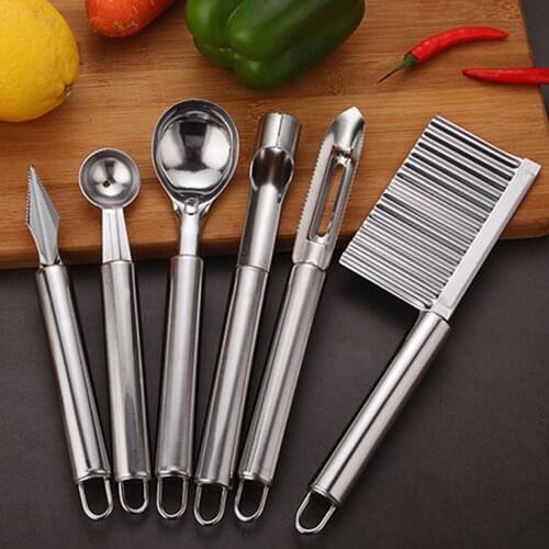 6PCS Stainless Steel Kitchen Gadget Set Fruit Knife Coring Device Carving Knife Watermelon Digging Spoon Potato Peeling Knife