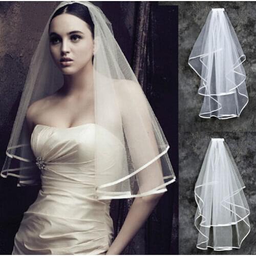 New 2T White Ivory Wedding Bridal With Veil Satin Edge Comb Elbow 2019