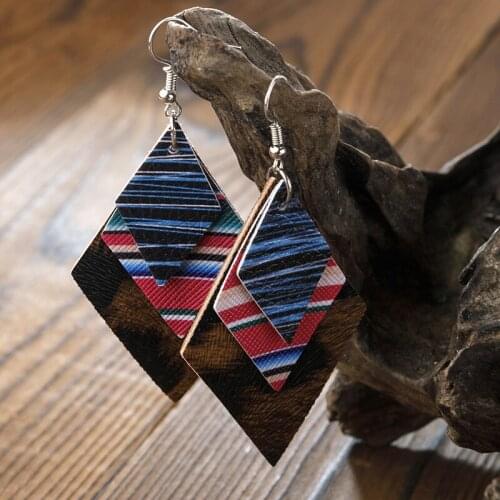 New Three Layers Leopard Chromatic Stripe Rhombus Triple Leather Drop Earrings for Women