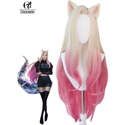 ROLECOS LOL KDA Baddest Ahri Cosplay Wig KDA Cosplay Game LOL Ahri Wigs With Ears 100CM Blonde Mixed Pink For Women Halloween