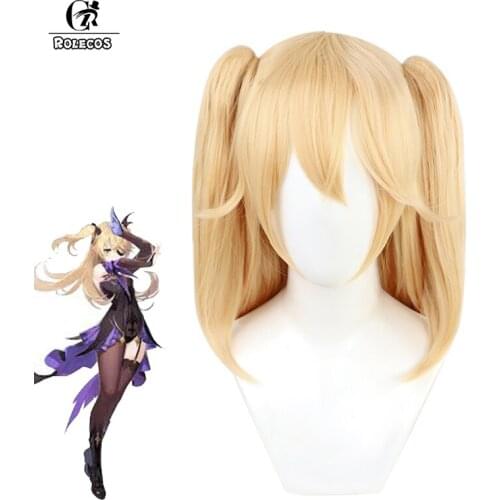 ROLECOS Game Genshin Impact Wigs Cosplay Fischl Wigs Yellow Light Golden Double Ponytail Heat Resistant Synthetic Hairs For Suit