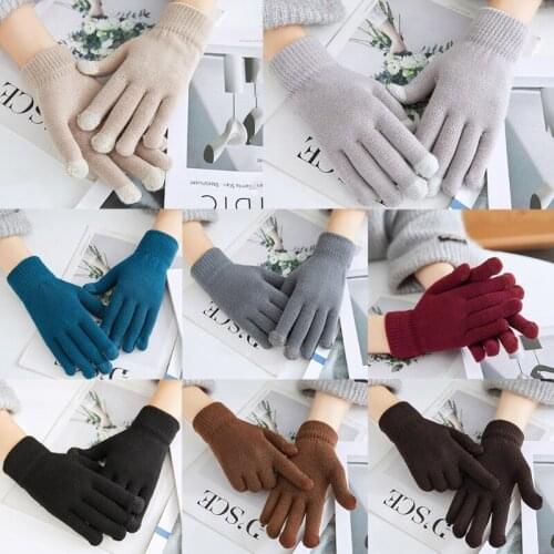 Unisex Winter Knitted Touch Screen Gloves Solid Color Thick Plush Lined Warm Stretch Windproof Full Finger Mittens