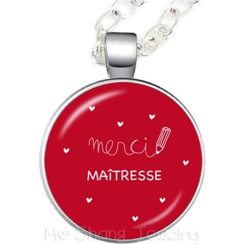 Teachers Gifts Handmade Glass Cabochon Super Maitresse Necklace Merci Maitresse Women Men Kids Sweater chain
