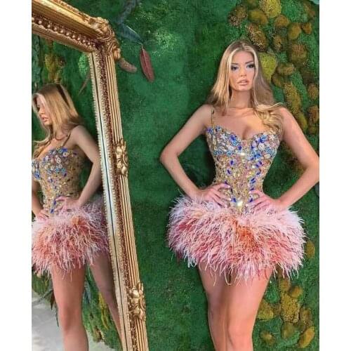 High Neck Feathers Short Prom Luxury Long Sleeve Mini Cocktail Evening Party Dresses