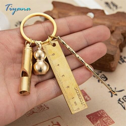 Hand Carved Pure Solid Brass Car Keychain Anti Theft Ring Bronze Gourd Foliage Chain Mens Lucky Pendant Custom Gift Llavero 55