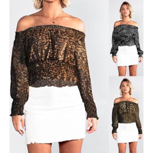 S-XL lady long sleeve slash neck tops chiffon tops night evening party leopard tops off shoulder top