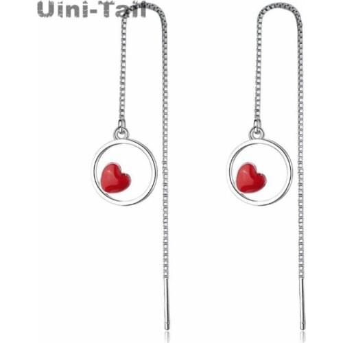 Uini-Tail hot new 925 sterling silver small fresh circle red heart-shaped long earrings Korean fashion temperament personalized