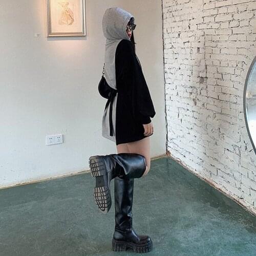 Waistband Hooded Dress Back Strap Sweatshirts Color Contrast Sweatshirt Women Spliced Loose Hoodies Design Sweatshirts Dress