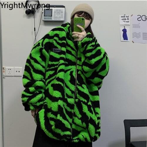 Warm Hooded Pocket Zip Up Loose Zebra Stripe Fleece Sweatshirt Woman Man Streetwear Harajuku Hoodies Chaqueta Overcoat Thick Top