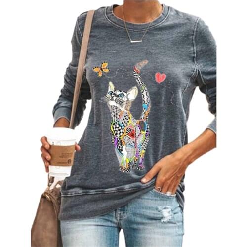 Colorful Cat Butterfly Print Blouse Shirt Women Casual O-Neck Long-Sleeved Pullover Tops 2021 Spring Ladies Plus Size Street Tee
