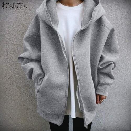 ZANZEA Women Autumn Elegant Casual Sweatshirts Solid Coats Full Sleeve Hoodies Zipper Femme Clothing Pockets Outwear Jackets