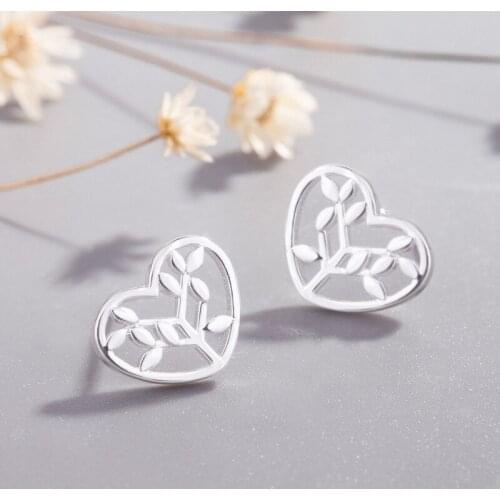 925 Sterling Silver Heart Tree Shape Stud Earrings For Women Prevent Allergy Brincos pendientes A142