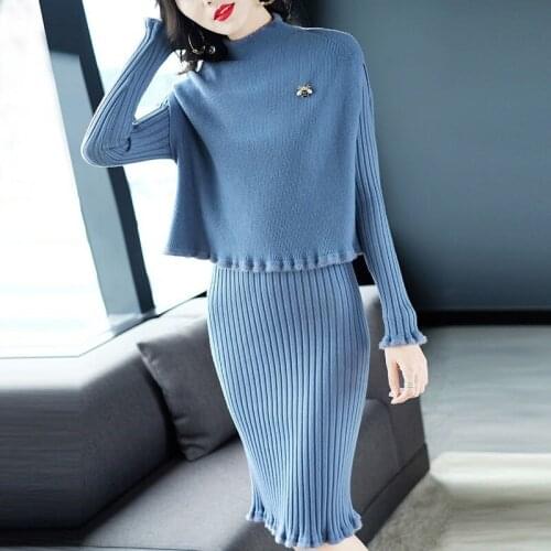 2021 Autumn 2 Piece Outfits for Women Knitted Suit Top + Skirt Set Female Knitwear Bodycon Skirt Suits Two Piece Sets X91