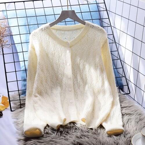 Lazy Style Hollow Out Knitting Women Cardgian Sweater O-Neck Long-Sleeved Solid Office Lady Elegant Outwear Tops