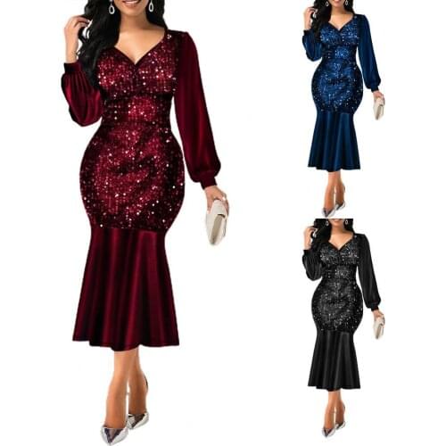 Formal Bodycon Dress high quality polyester material Sequin V Neck Women Shiny Long Sleeve Patchwork Dress Fishtail shape design
