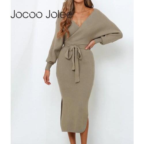 Jocoo Jolee Women Sexy V Neck Backless Knitted Dress Autumn Winter Batwing Sleeve Sweater Midi Dress Elegant Split Bodycon Dress