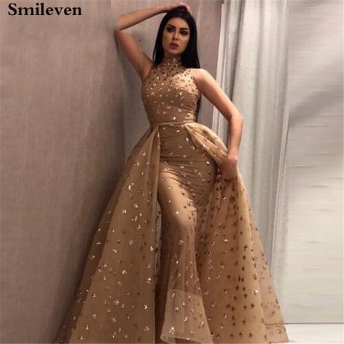Smileven Gold Mermaid Formal Evening Dress High Neck Sequin Lace Prom Party Gown robe de soiree With Detachable Train